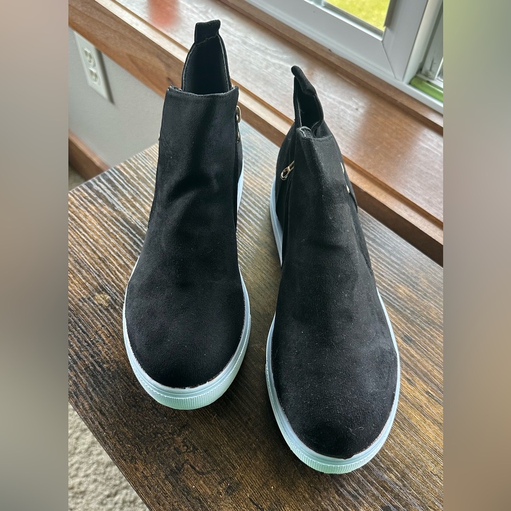 Black faux suede sneaker booties